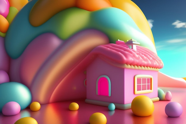 A pink house sits in front of a rainbow.