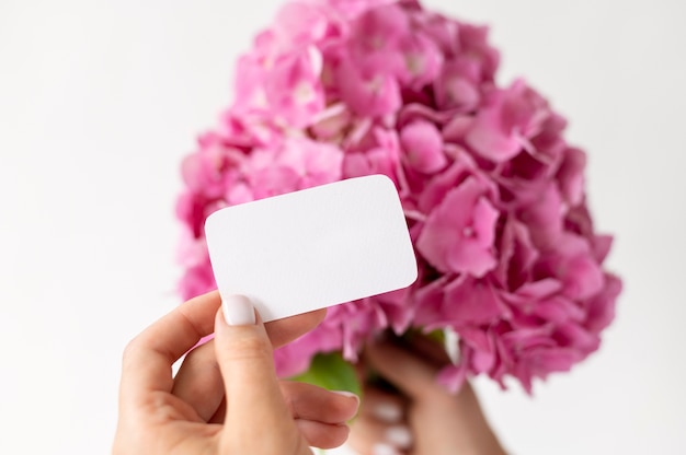 Pink hydrangea bouquet with note close up