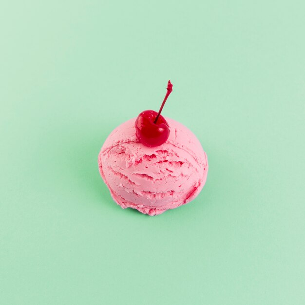 Pink ice cream ball with cherry above