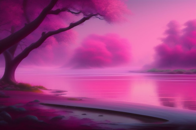 A pink landscape with a lake and a tree with the word love on it.