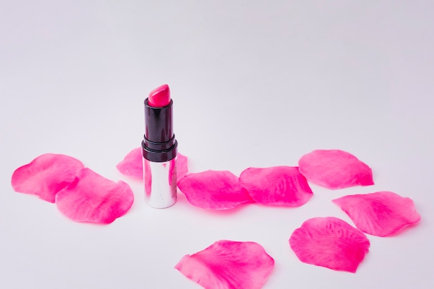 Pink lipstick and flower petals on white background