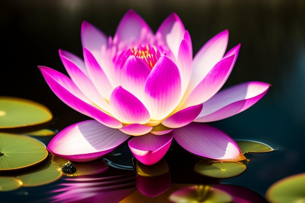 A pink lotus flower with a green leaf in the middle