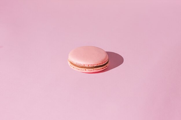 Pink macaroon isolated on pink background in the center hard light shadows top view copy space