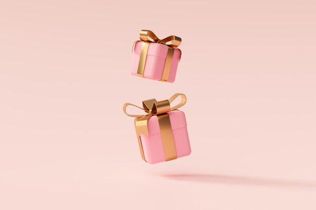 パステルピンクの背景3Dレンダリングにゴールドリボンバレンタイン愛の概念を持つピンクの最小限のギフトボックス