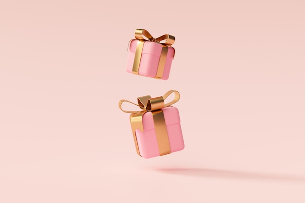 Розовая минимальная подарочная коробка с золотой лентой на пастельно-розовом фоне 3D рендеринг