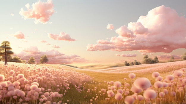 Pink nature landscape with vegetation and flora