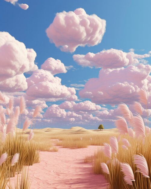 Pink nature landscape with vegetation and flora