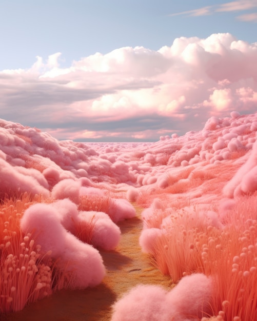 Pink nature landscape with vegetation