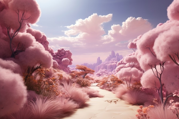 Pink nature landscape with vegetation