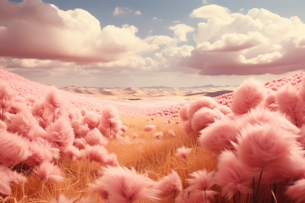 Pink nature landscape with vegetation