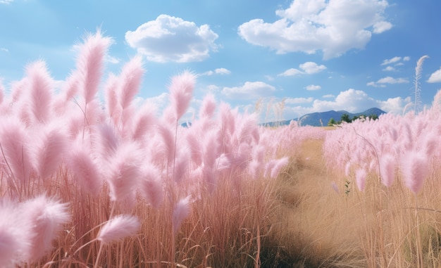 Pink nature landscape with vegetation