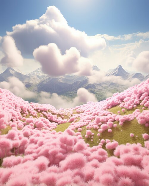 Розовый природный пейзаж с растительностью