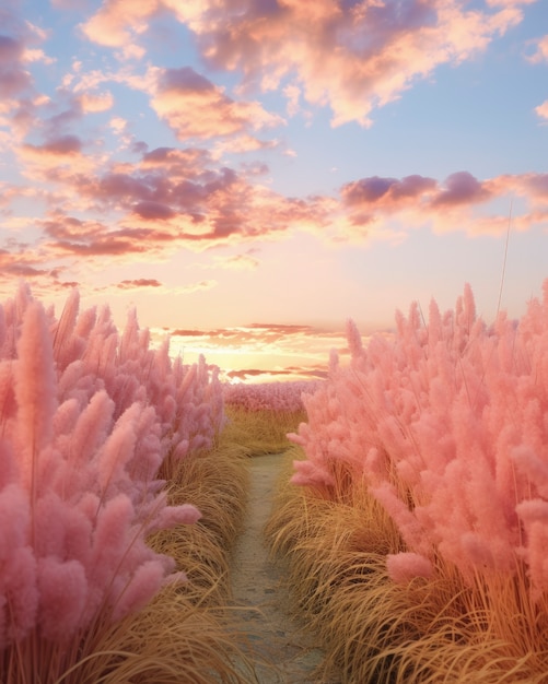 Pink nature landscape with vegetation