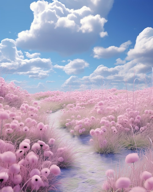 Pink nature landscape with vegetation