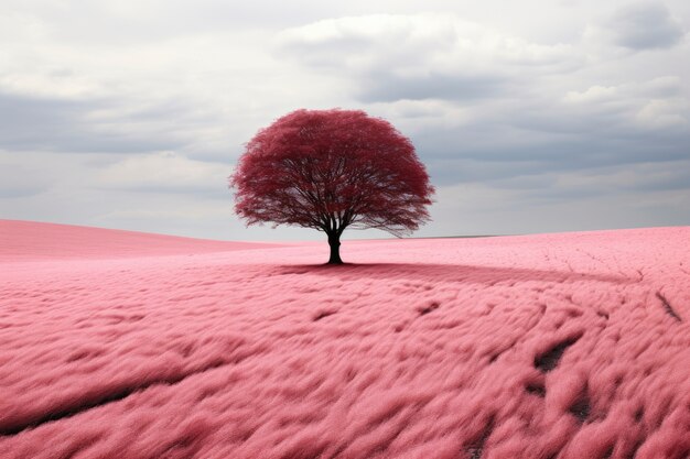 Розовый природный пейзаж с видом на дерево и поле