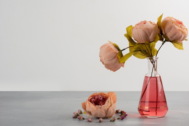 Pink peony rose flowers in glass vase on gray table