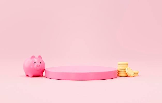 Pink piggy bank and Podium pedestal product display stand savings concept on pink background illustration 3d rendering