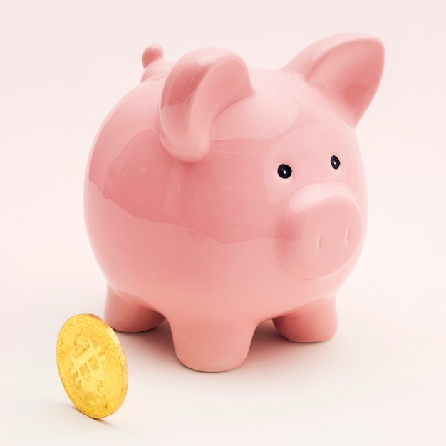 Pink piggy bank with a bitcoin