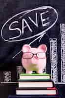 Free photo pink piggy bank with glasses standing on books next to a blackboard with savings growth chart.