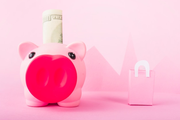 Pink piggy bank with money and paper shopping bag