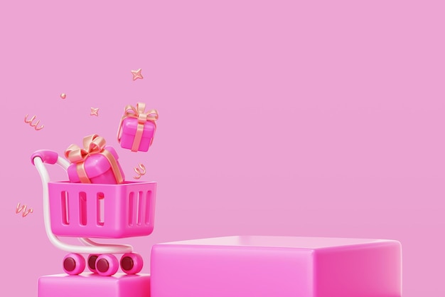 Foto gratuita podio rosa con confezione regalo sul carrello della spesa per la presentazione banner di vendita del prodotto sfondo 3d