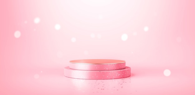 Pink product stage podium background and beauty bokeh light pedestal platform template mockup design or luxury pastel display on empty abstract cosmetic scene stand showcase backdrop. 3d rendering.