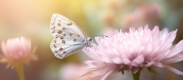 Pink romantic natural floral background with a white butterfly on flower AI generated image