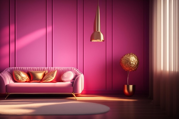 A pink room with a couch and a lamp in the corner.