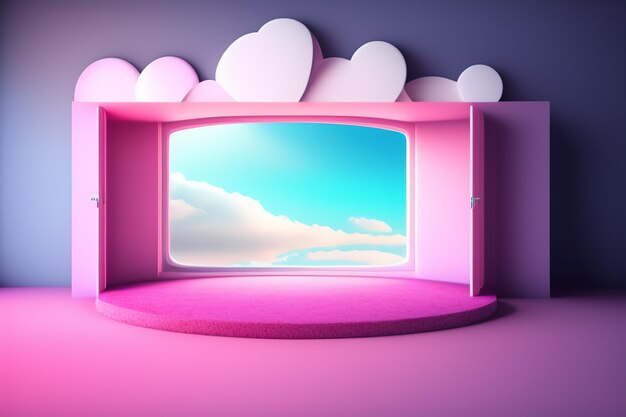 A pink room with a window that says'love is in the air '