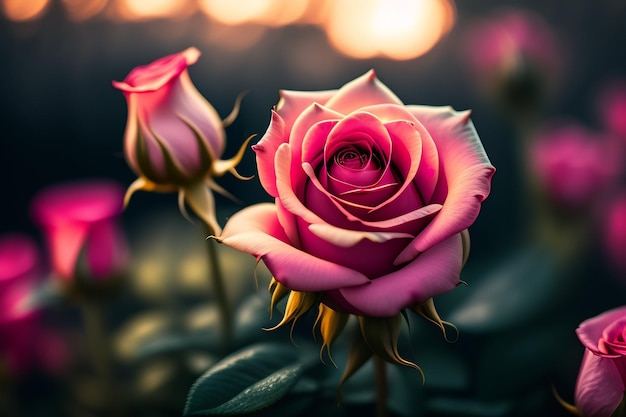 A pink rose in the garden with the sun shining on it.