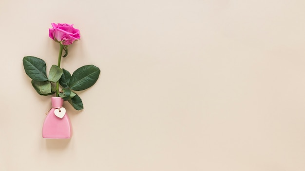 Free photo pink rose in small vase on table