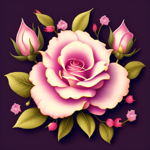 A pink rose with pink flowers on a purple background.