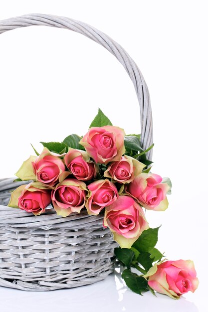 Pink roses in Basket on white background