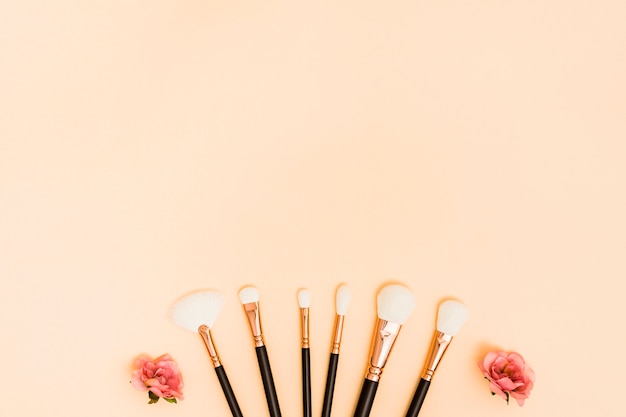 Pink roses decorated with makeup brushes on beige backdrop