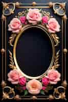 Free photo pink roses frame with gold frame on a black background