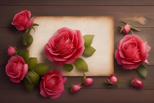 無料写真 カード用の空白のページを持つ木製のテーブルにピンクのバラ。