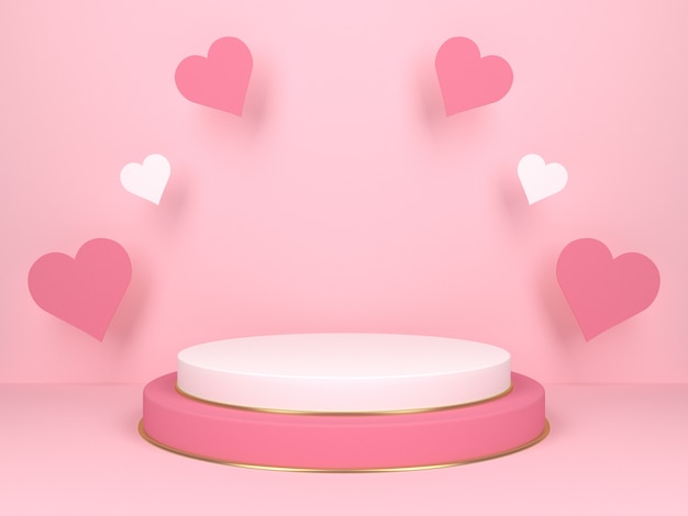 Pink round stage on pink background with hearts. love concept. 3d rendering