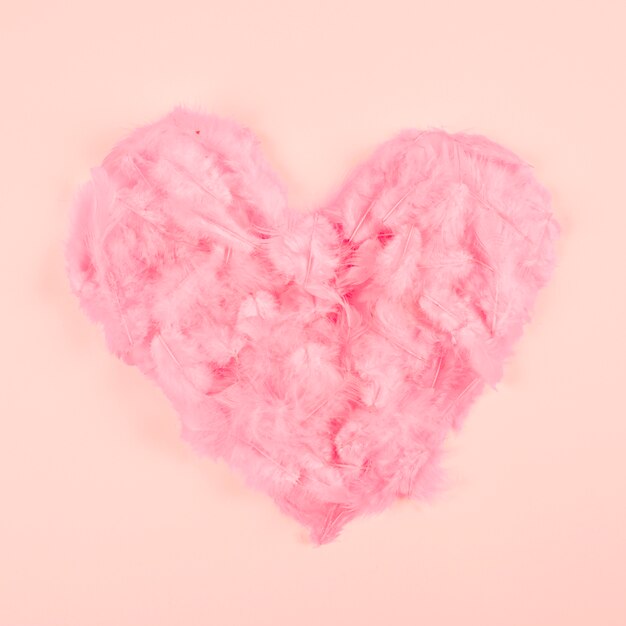 Розовое мягкое перо в форме сердца на персиковом фоне