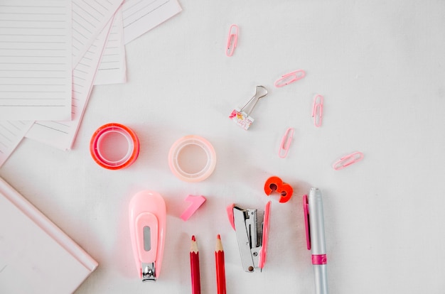 Pink stationery on white background