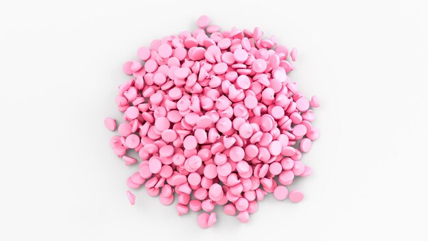 Pink strawberry milk chips morsels or drops pile or heap isolated on white background 3d rendering