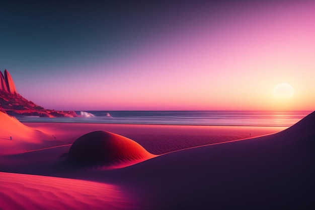 Foto gratuita un tramonto rosa sul deserto con un cielo rosa e il sole che tramonta dietro di esso.