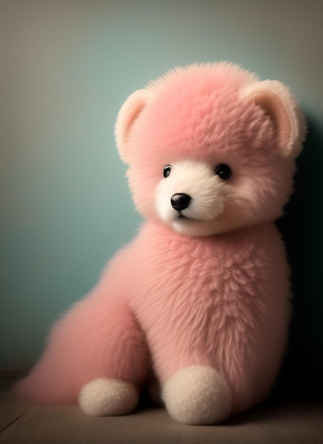 A pink teddy bear with a black nose sits against a wall.