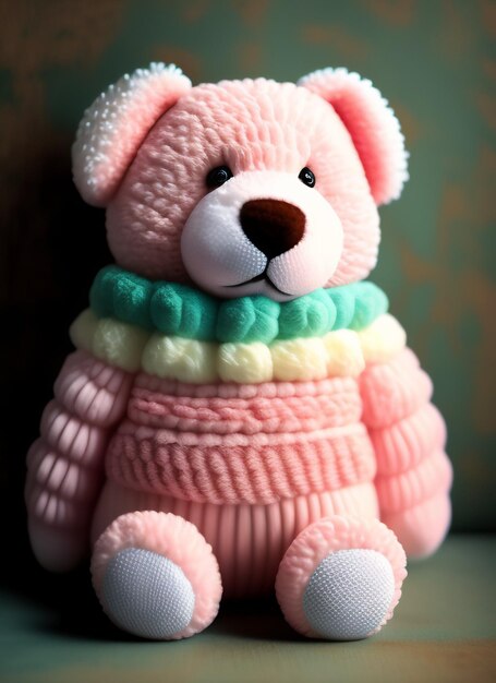 A pink teddy bear with a green collar and a green collar.