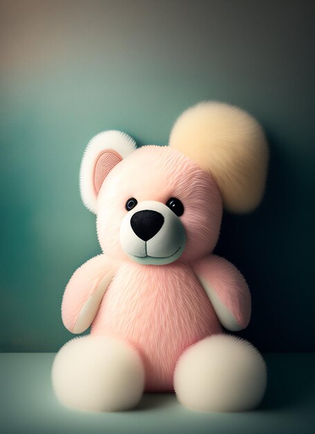 A pink teddy bear with a yellow tail sits against a green background.