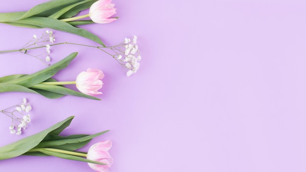 Pink tulip flowers with branches on table