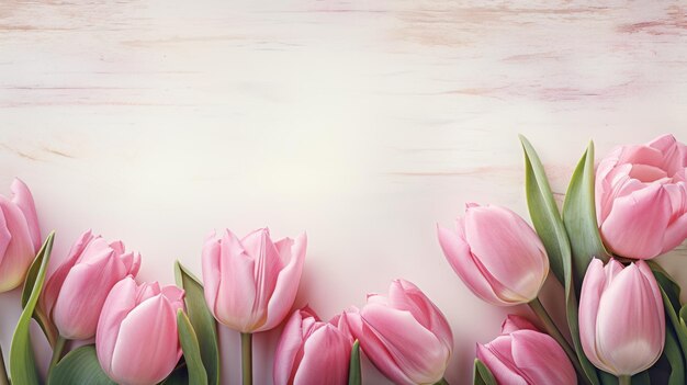 Pink Tulips Laid on a White Rustic Wooden Background