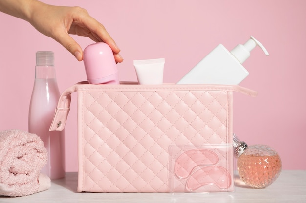 Pink vanity case and products