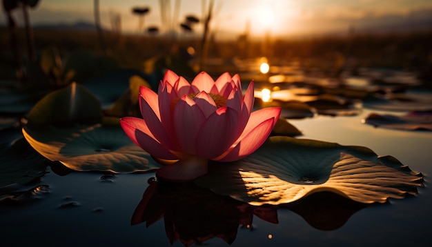 A pink water lily sits in a pond with the sun setting behind it.