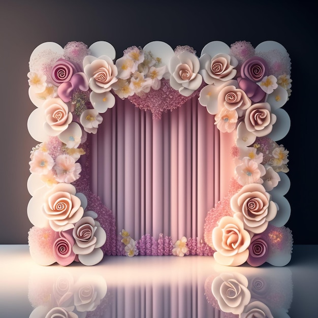 A pink and white paper photo frame with flowers on it.