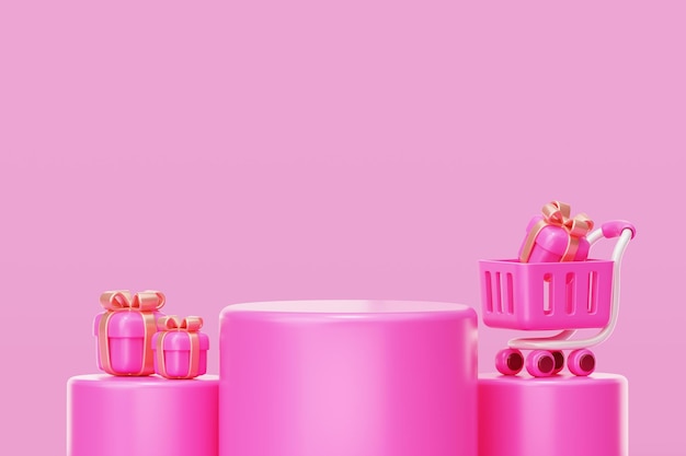 제품 프레젠테이션 3d 배경을 위한 쇼핑 트롤리에 선물 상자가 있는 분홍색 우승자 연단